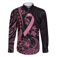 Polynesian Pink Power Family Matching Off Shoulder Short Dress and Hawaiian Shirt Breast Cancer Ribbon Turtle and Flowers LT7 Dad's Shirt - Long Sleeve Pink - Polynesian Pride