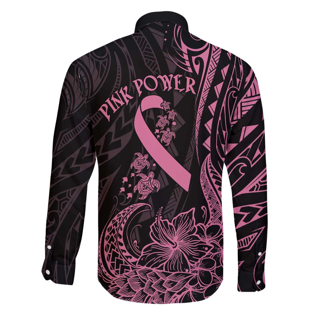 Polynesian Pink Power Family Matching Off Shoulder Short Dress and Hawaiian Shirt Breast Cancer Ribbon Turtle and Flowers LT7 - Polynesian Pride