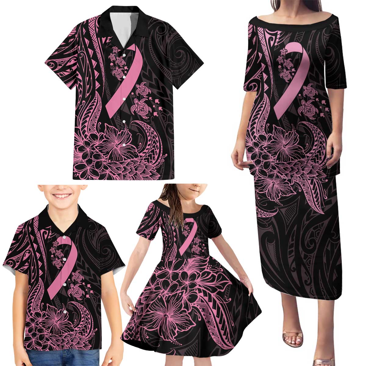Polynesian Pink Power Family Matching Puletasi and Hawaiian Shirt Breast Cancer Ribbon Turtle and Flowers LT7 - Polynesian Pride