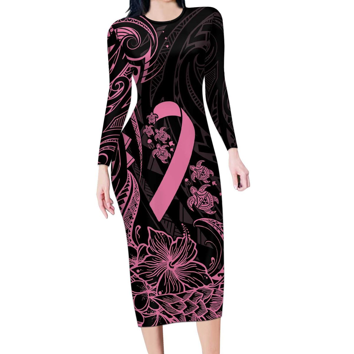 Polynesian Pink Power Long Sleeve Bodycon Dress Breast Cancer Ribbon Turtle and Flowers LT7 Long Dress Pink - Polynesian Pride