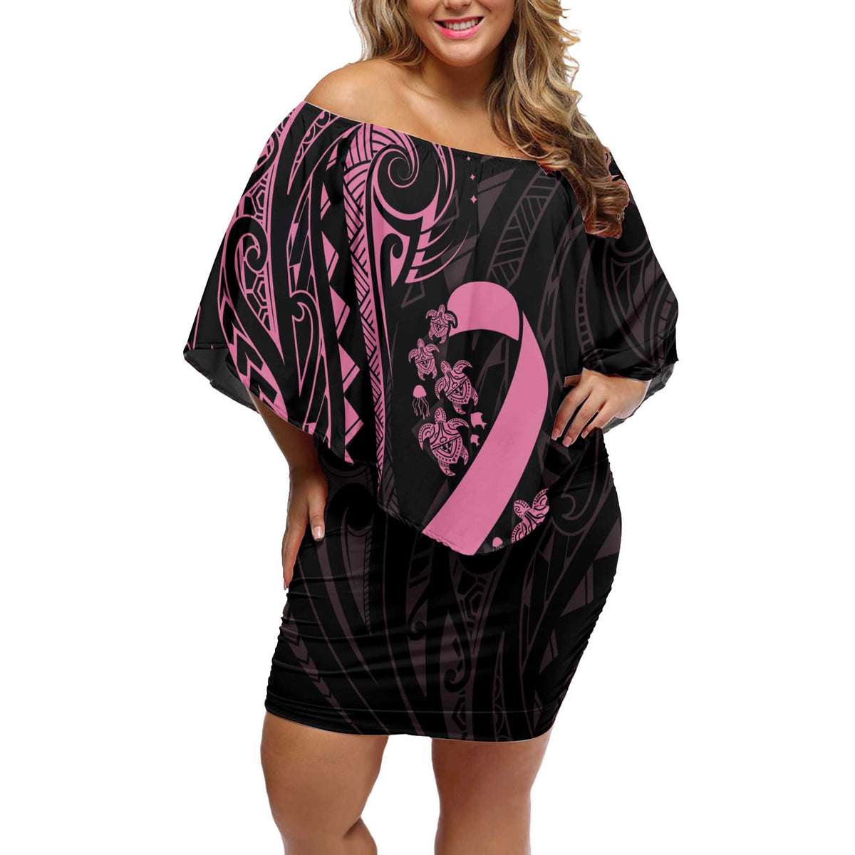 Polynesian Pink Power Off Shoulder Short Dress Breast Cancer Ribbon Turtle and Flowers LT7 Women Pink - Polynesian Pride