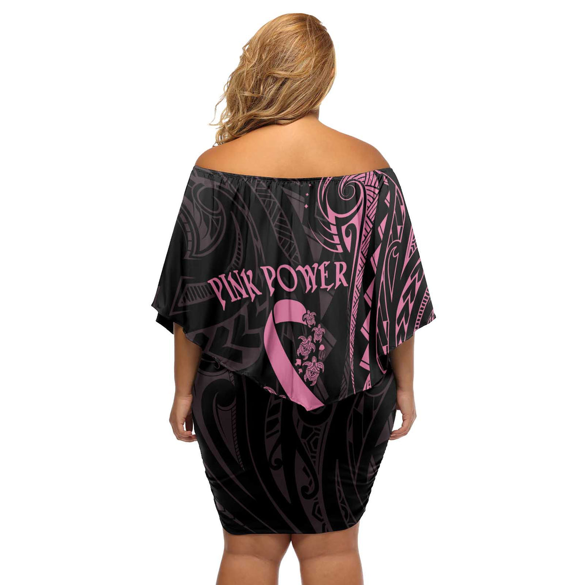Polynesian Pink Power Off Shoulder Short Dress Breast Cancer Ribbon Turtle and Flowers LT7 - Polynesian Pride