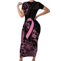 Polynesian Pink Power Short Sleeve Bodycon Dress Breast Cancer Ribbon Turtle and Flowers LT7 Long Dress Pink - Polynesian Pride