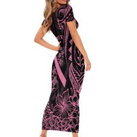 Polynesian Pink Power Short Sleeve Bodycon Dress Breast Cancer Ribbon Turtle and Flowers LT7 - Polynesian Pride
