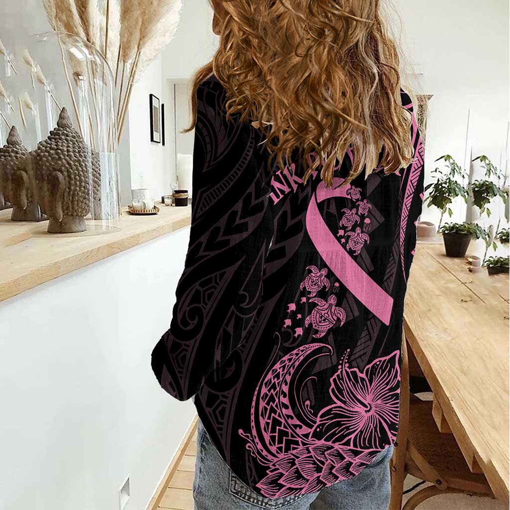 Polynesian Pink Power Women Casual Shirt Breast Cancer Ribbon Turtle and Flowers LT7 - Polynesian Pride