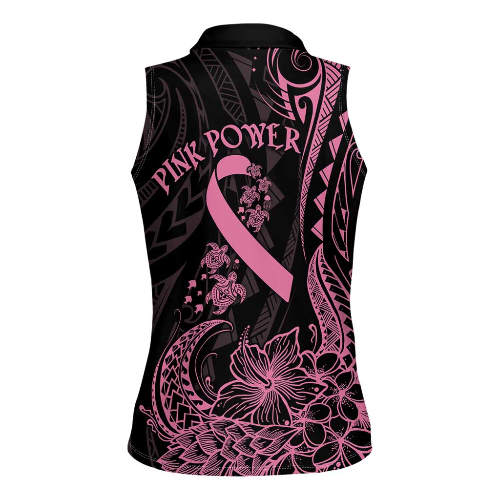 Polynesian Pink Power Women Sleeveless Polo Shirt Breast Cancer Ribbon Turtle and Flowers LT7 - Polynesian Pride