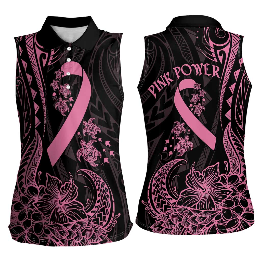 Polynesian Pink Power Women Sleeveless Polo Shirt Breast Cancer Ribbon Turtle and Flowers LT7 - Polynesian Pride