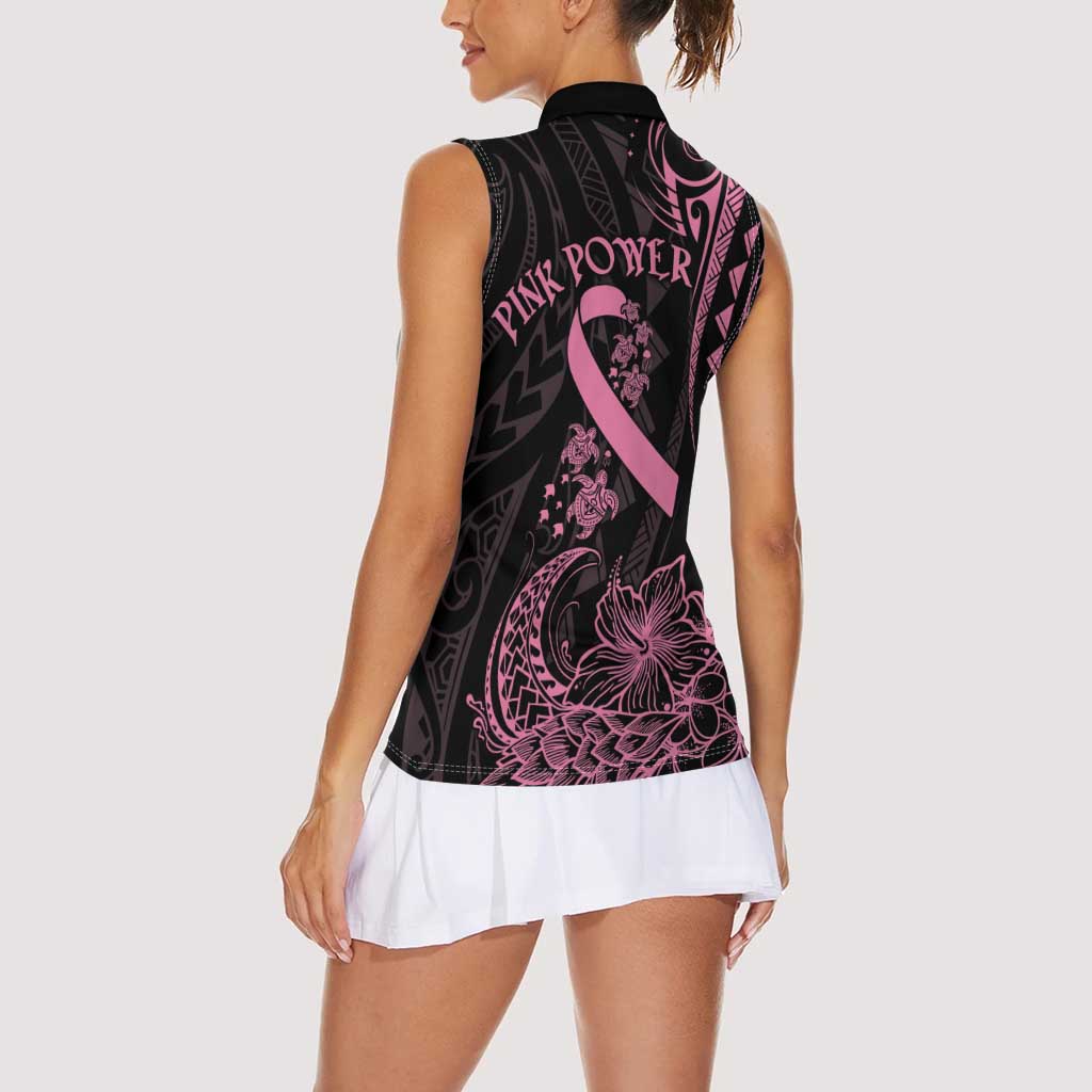 Polynesian Pink Power Women Sleeveless Polo Shirt Breast Cancer Ribbon Turtle and Flowers LT7 - Polynesian Pride