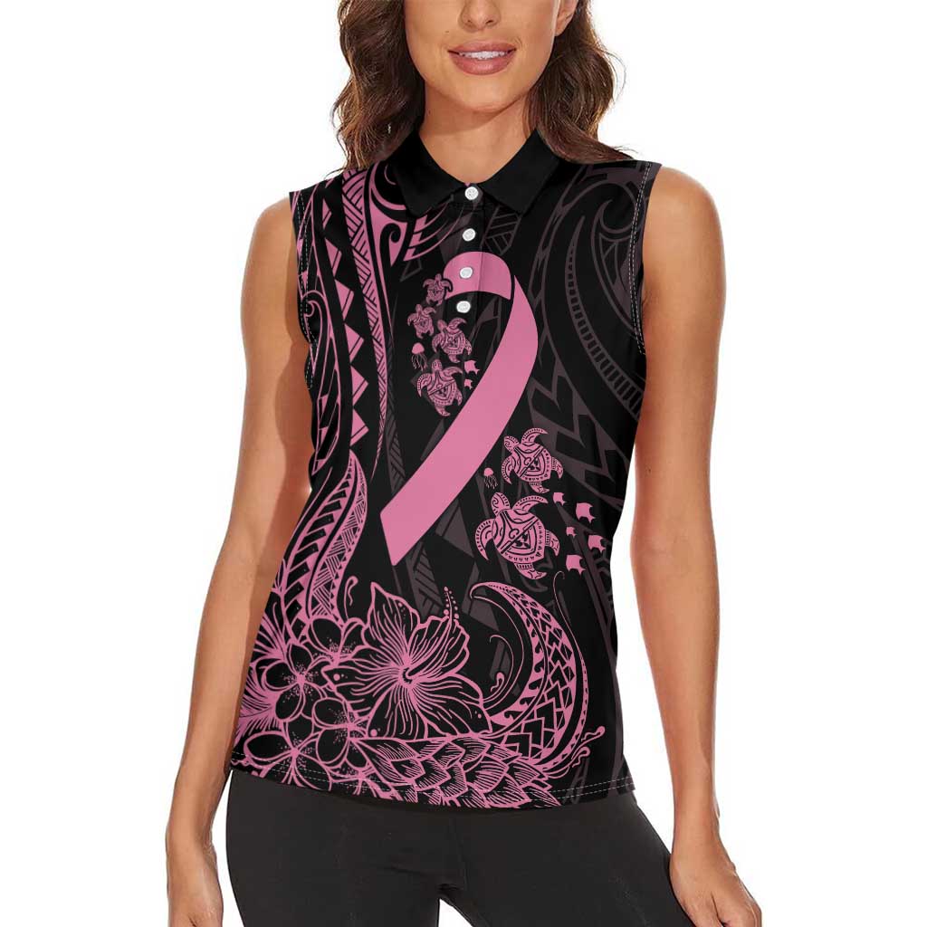 Polynesian Pink Power Women Sleeveless Polo Shirt Breast Cancer Ribbon Turtle and Flowers LT7 - Polynesian Pride