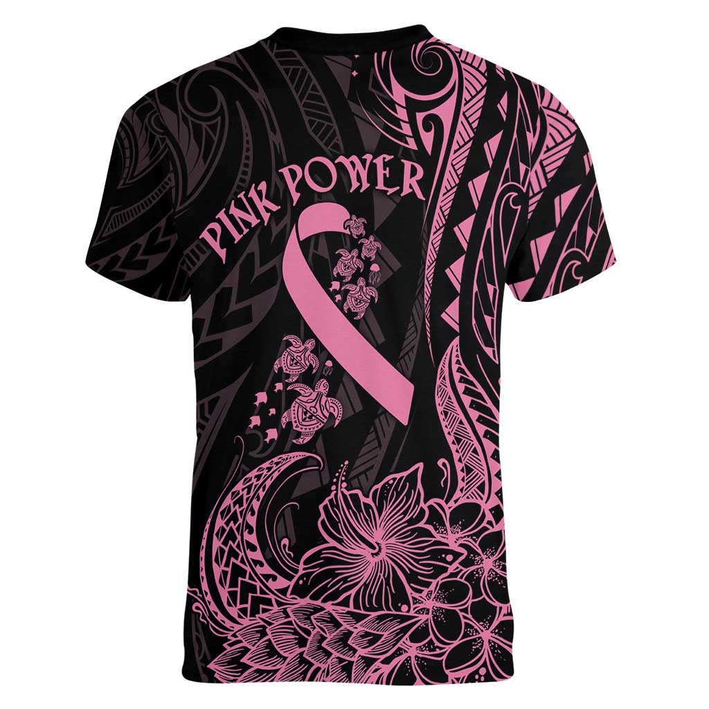 Polynesian Pink Power Women V-Neck T-Shirt Breast Cancer Ribbon Turtle and Flowers LT7 - Polynesian Pride