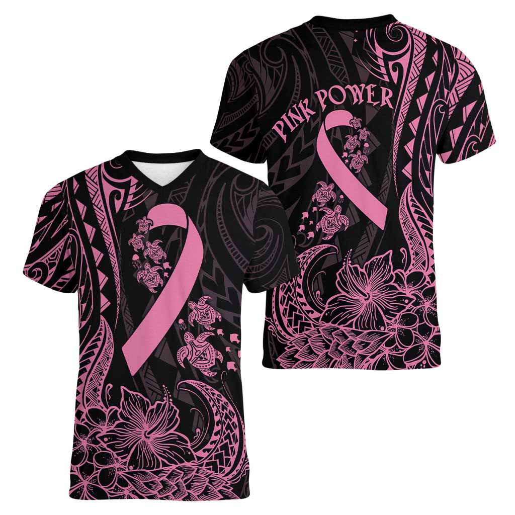 Polynesian Pink Power Women V-Neck T-Shirt Breast Cancer Ribbon Turtle and Flowers LT7 - Polynesian Pride