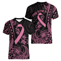 Polynesian Pink Power Women V-Neck T-Shirt Breast Cancer Ribbon Turtle and Flowers LT7 - Polynesian Pride