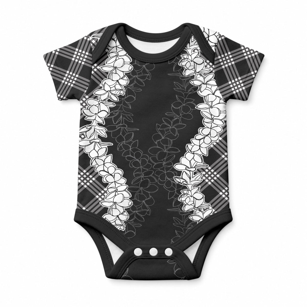 Hawaii Aloha Plumeria Lei Black Palaka Baby Onesie