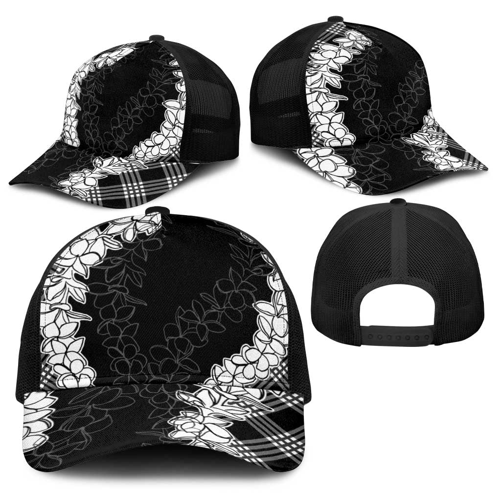 Hawaii Aloha Plumeria Lei Black Palaka Baseball Net Cap - Polynesian Pride
