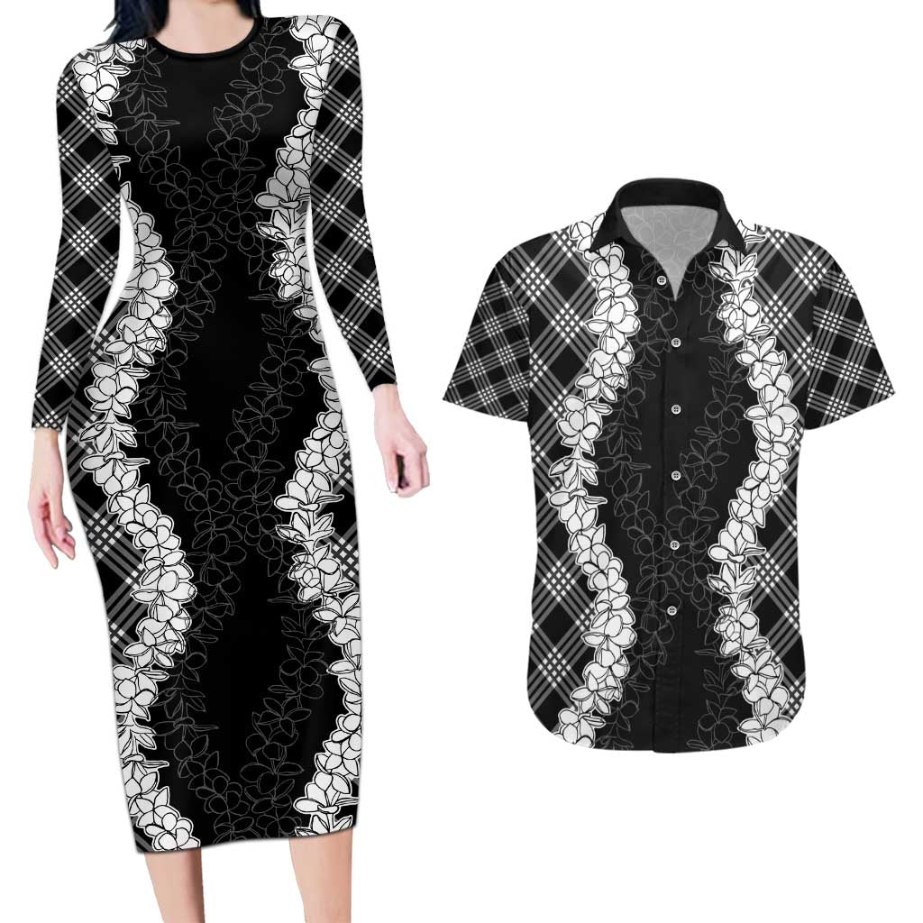 Hawaii Aloha Plumeria Lei Black Palaka Couples Matching Long Sleeve Bodycon Dress and Hawaiian Shirt LT7 Black - Polynesian Pride