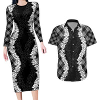 Hawaii Aloha Plumeria Lei Black Palaka Couples Matching Long Sleeve Bodycon Dress and Hawaiian Shirt LT7 Black - Polynesian Pride
