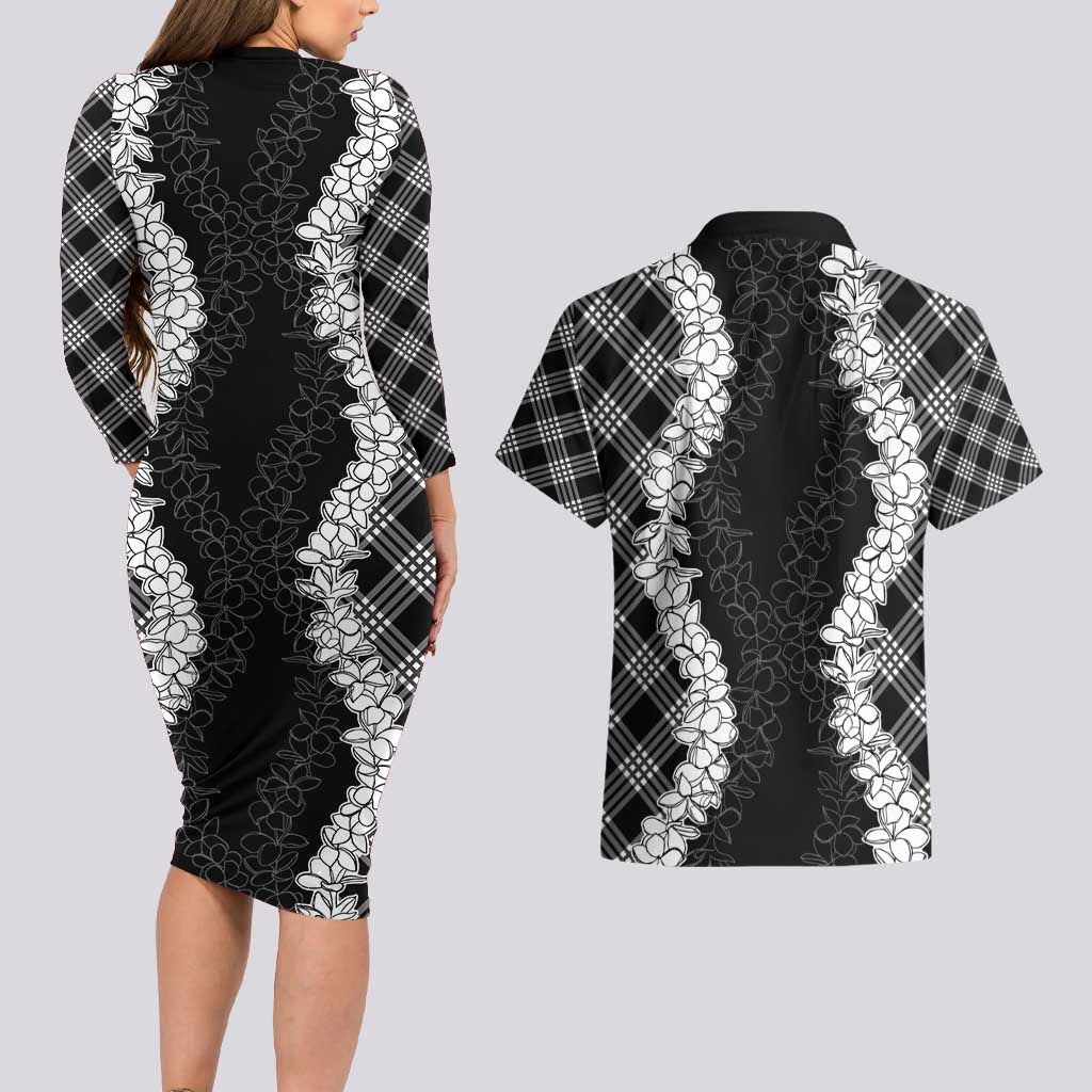 Hawaii Aloha Plumeria Lei Black Palaka Couples Matching Long Sleeve Bodycon Dress and Hawaiian Shirt LT7 - Polynesian Pride
