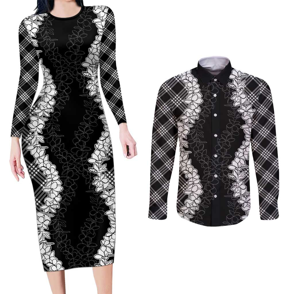 Hawaii Aloha Plumeria Lei Black Palaka Couples Matching Long Sleeve Bodycon Dress and Long Sleeve Button Shirt LT7 Black - Polynesian Pride