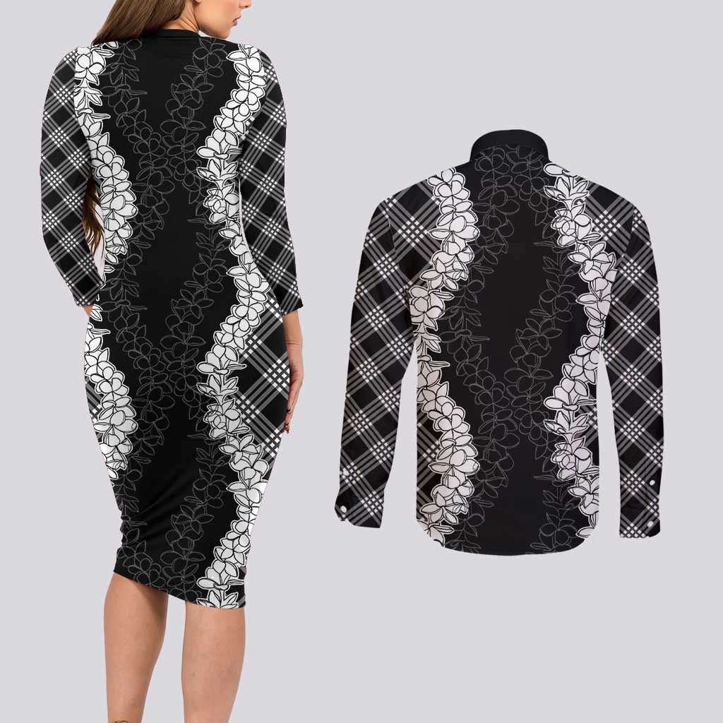 Hawaii Aloha Plumeria Lei Black Palaka Couples Matching Long Sleeve Bodycon Dress and Long Sleeve Button Shirt LT7 - Polynesian Pride