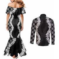 Hawaii Aloha Plumeria Lei Black Palaka Couples Matching Mermaid Dress and Long Sleeve Button Shirt LT7 - Polynesian Pride