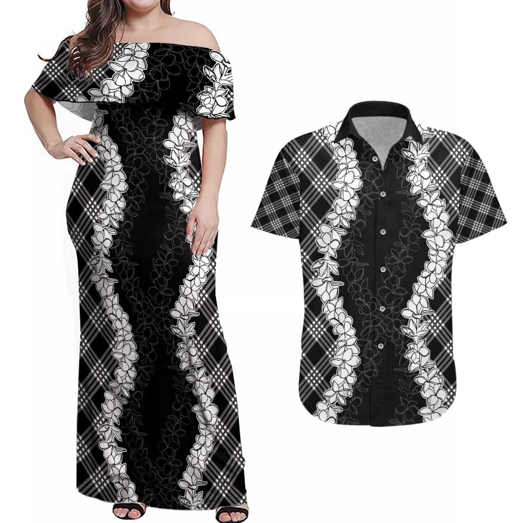 Hawaii Aloha Plumeria Lei Black Palaka Couples Matching Off Shoulder Maxi Dress and Hawaiian Shirt LT7 Black - Polynesian Pride