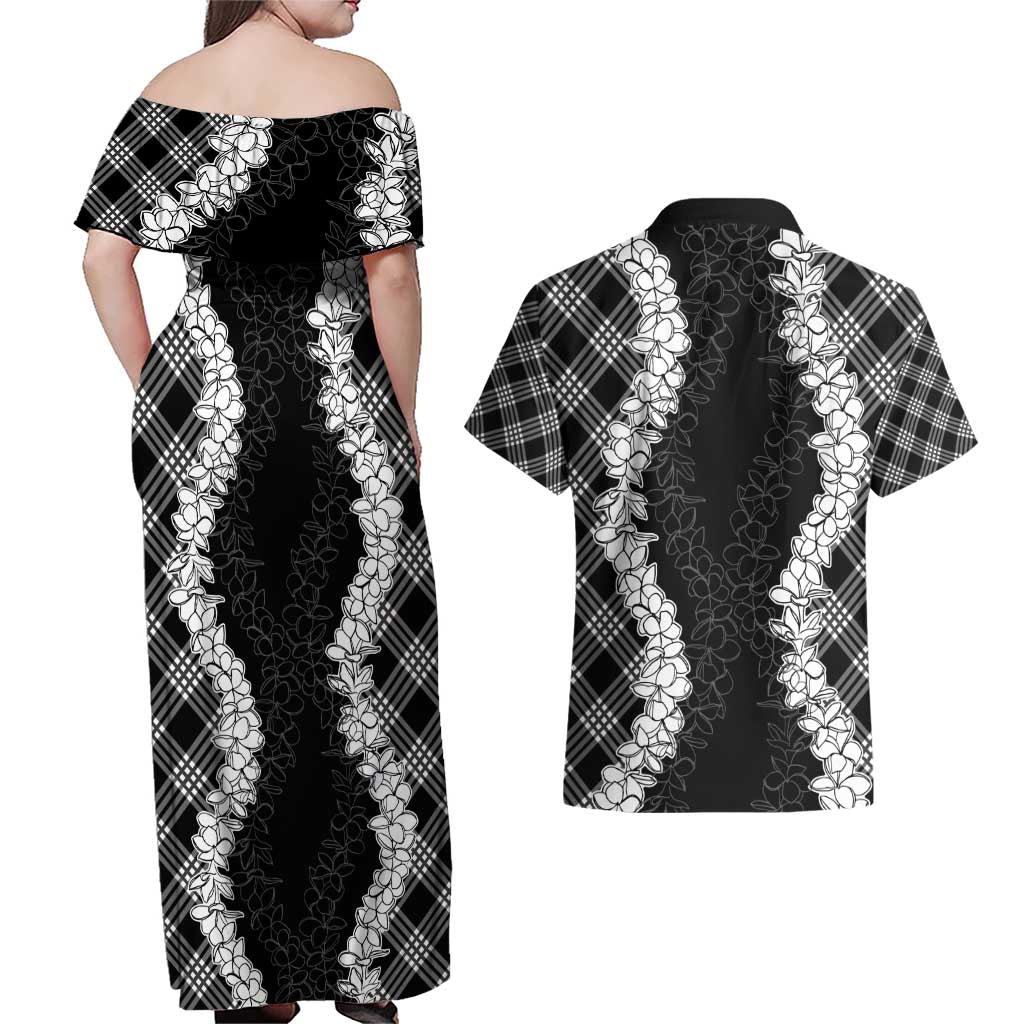 Hawaii Aloha Plumeria Lei Black Palaka Couples Matching Off Shoulder Maxi Dress and Hawaiian Shirt LT7 - Polynesian Pride