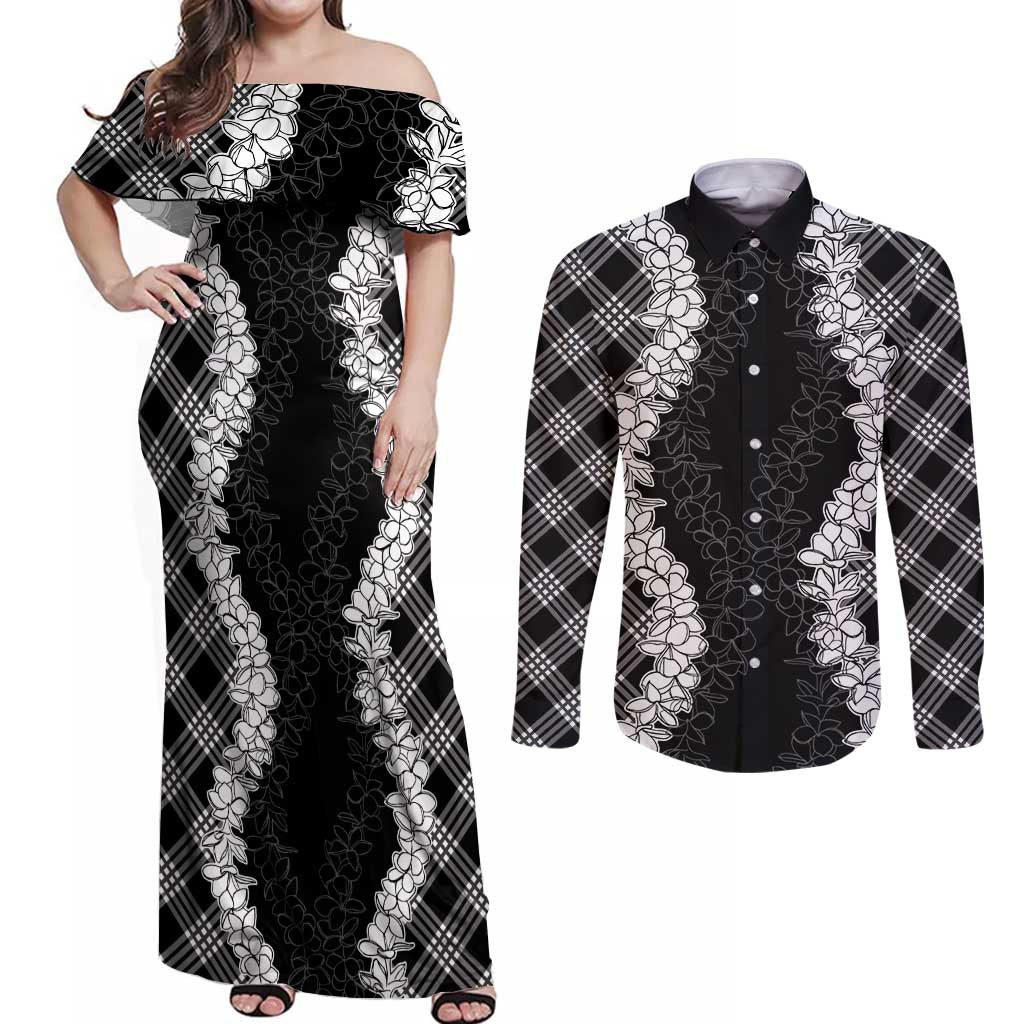 Hawaii Aloha Plumeria Lei Black Palaka Couples Matching Off Shoulder Maxi Dress and Long Sleeve Button Shirt LT7 Black - Polynesian Pride