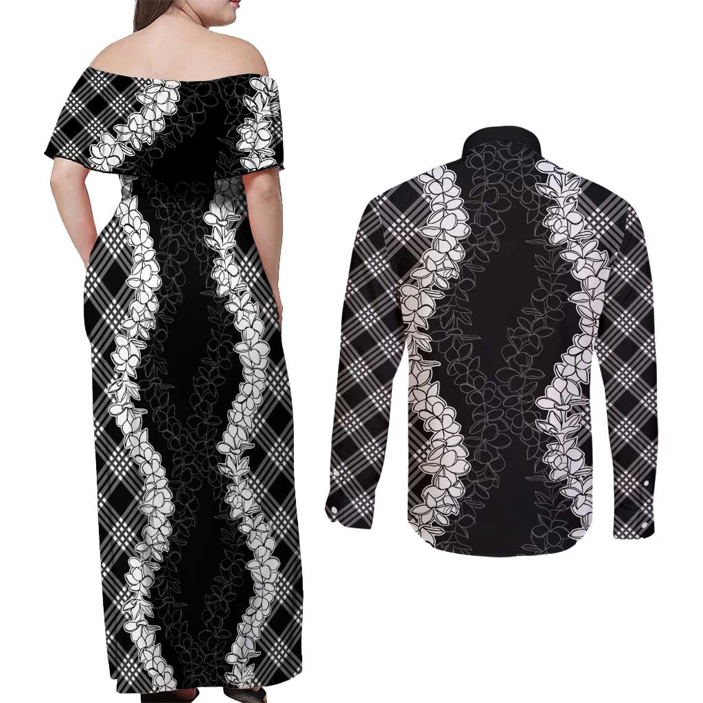Hawaii Aloha Plumeria Lei Black Palaka Couples Matching Off Shoulder Maxi Dress and Long Sleeve Button Shirt LT7 - Polynesian Pride