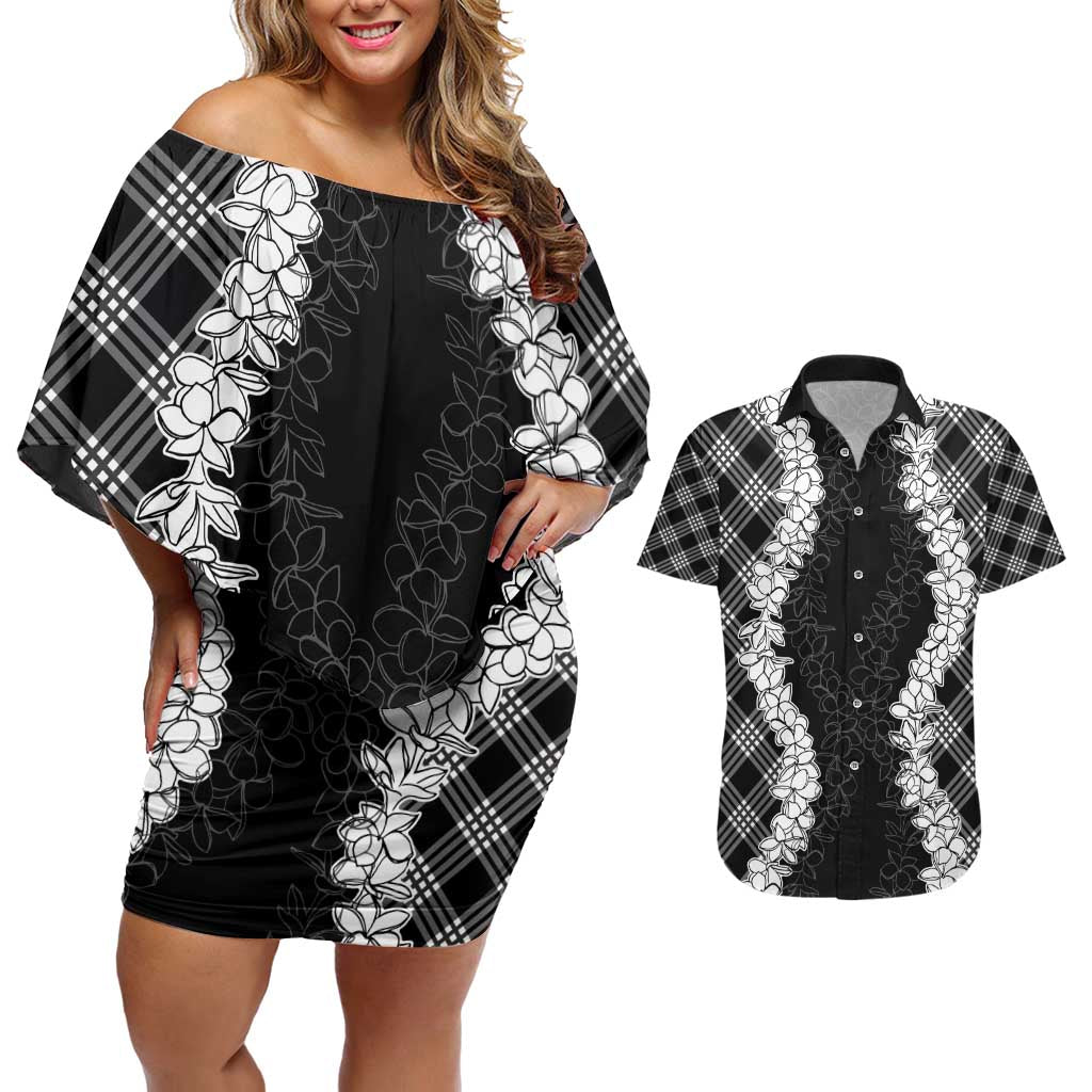 Hawaii Aloha Plumeria Lei Black Palaka Couples Matching Off Shoulder Short Dress and Hawaiian Shirt LT7 Black - Polynesian Pride