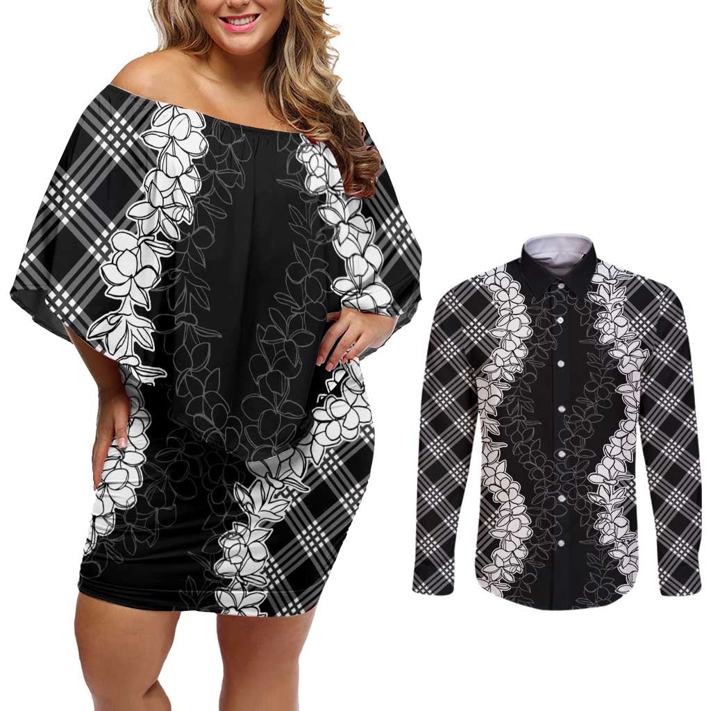 Hawaii Aloha Plumeria Lei Black Palaka Couples Matching Off Shoulder Short Dress and Long Sleeve Button Shirt LT7 Black - Polynesian Pride
