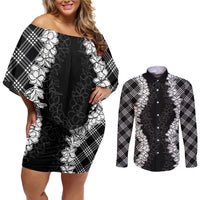 Hawaii Aloha Plumeria Lei Black Palaka Couples Matching Off Shoulder Short Dress and Long Sleeve Button Shirt LT7 Black - Polynesian Pride