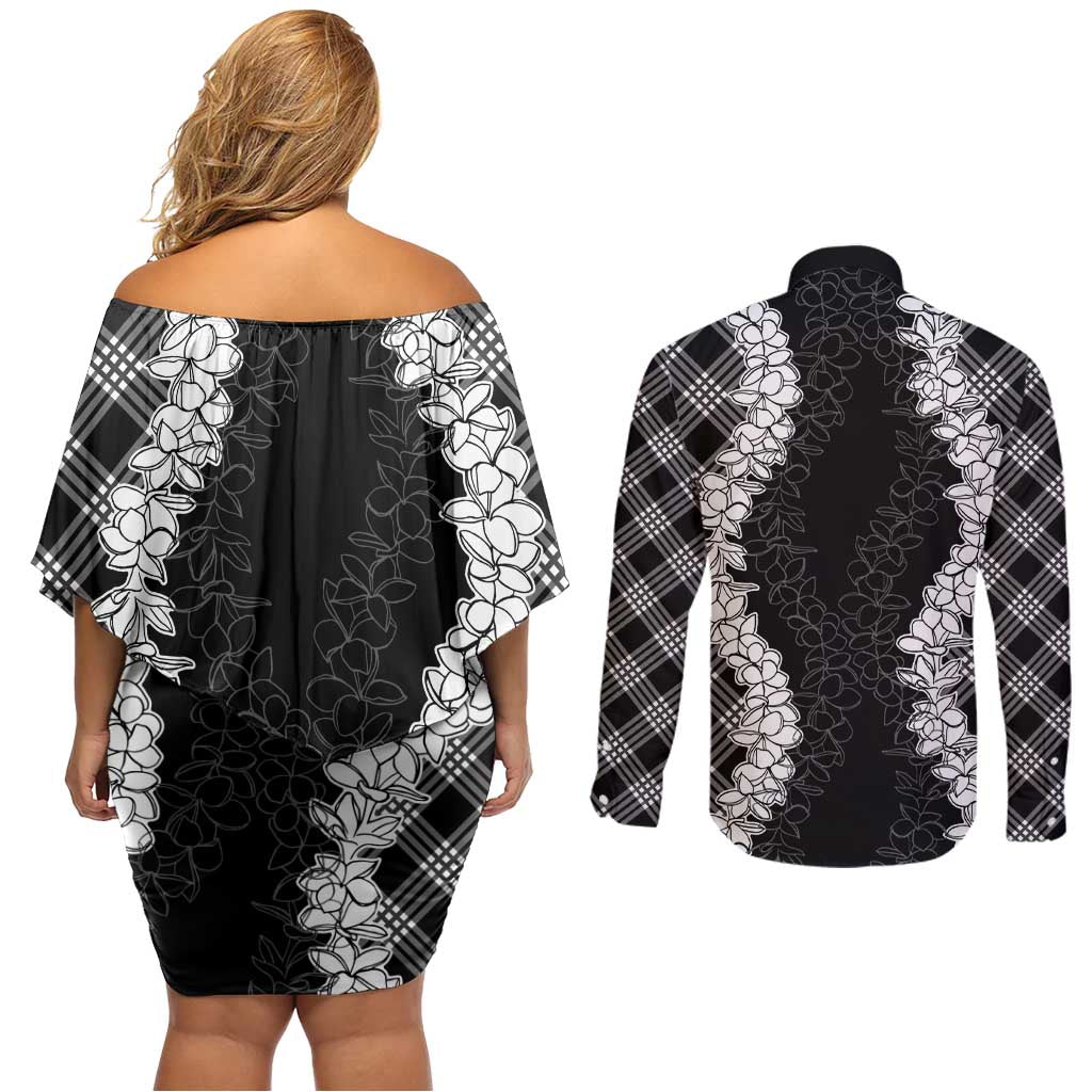 Hawaii Aloha Plumeria Lei Black Palaka Couples Matching Off Shoulder Short Dress and Long Sleeve Button Shirt LT7 - Polynesian Pride