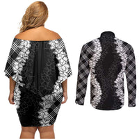 Hawaii Aloha Plumeria Lei Black Palaka Couples Matching Off Shoulder Short Dress and Long Sleeve Button Shirt LT7 - Polynesian Pride