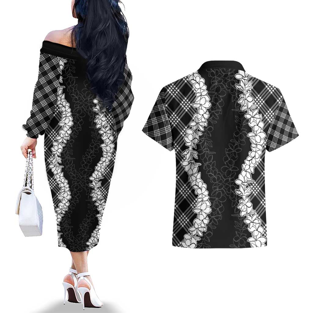Hawaii Aloha Plumeria Lei Black Palaka Couples Matching Off The Shoulder Long Sleeve Dress and Hawaiian Shirt LT7 - Polynesian Pride