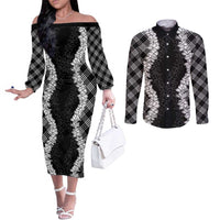 Hawaii Aloha Plumeria Lei Black Palaka Couples Matching Off The Shoulder Long Sleeve Dress and Long Sleeve Button Shirt LT7 Black - Polynesian Pride
