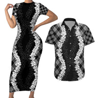 Hawaii Aloha Plumeria Lei Black Palaka Couples Matching Short Sleeve Bodycon Dress and Hawaiian Shirt LT7 Black - Polynesian Pride