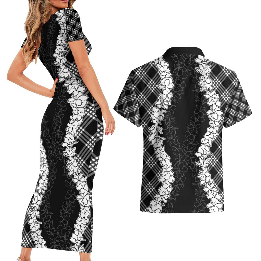 Hawaii Aloha Plumeria Lei Black Palaka Couples Matching Short Sleeve Bodycon Dress and Hawaiian Shirt LT7 - Polynesian Pride