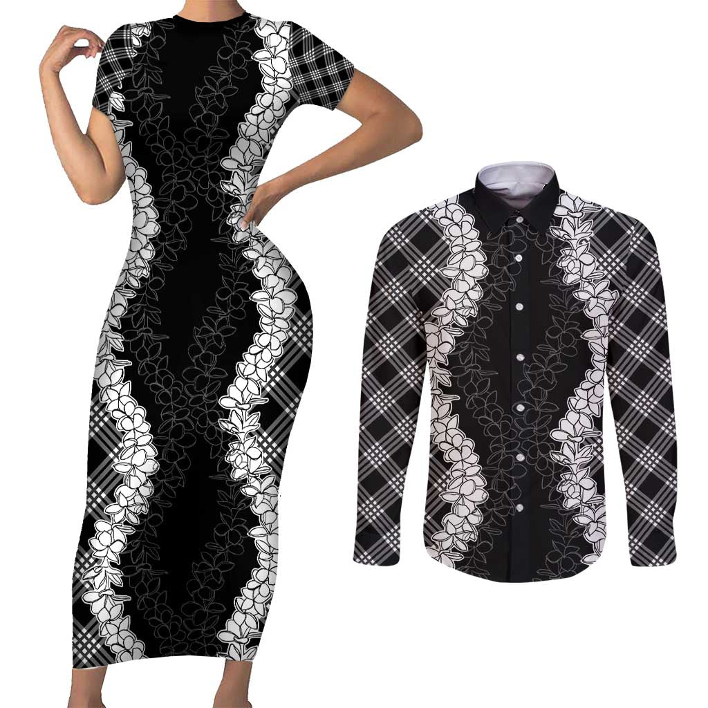 Hawaii Aloha Plumeria Lei Black Palaka Couples Matching Short Sleeve Bodycon Dress and Long Sleeve Button Shirt LT7 Black - Polynesian Pride