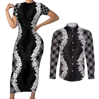 Hawaii Aloha Plumeria Lei Black Palaka Couples Matching Short Sleeve Bodycon Dress and Long Sleeve Button Shirt LT7 Black - Polynesian Pride