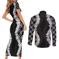 Hawaii Aloha Plumeria Lei Black Palaka Couples Matching Short Sleeve Bodycon Dress and Long Sleeve Button Shirt LT7 - Polynesian Pride