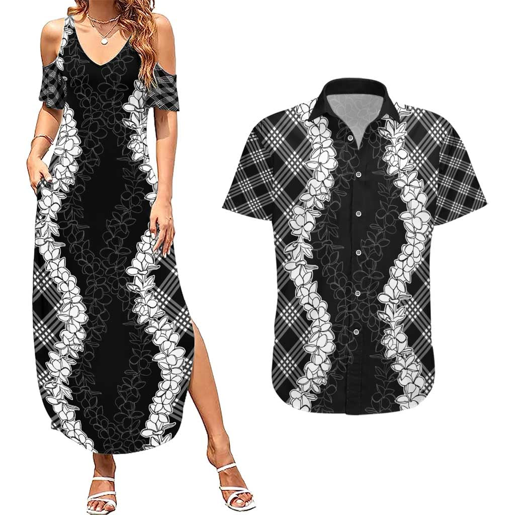Hawaii Aloha Plumeria Lei Black Palaka Couples Matching Summer Maxi Dress and Hawaiian Shirt LT7 Black - Polynesian Pride