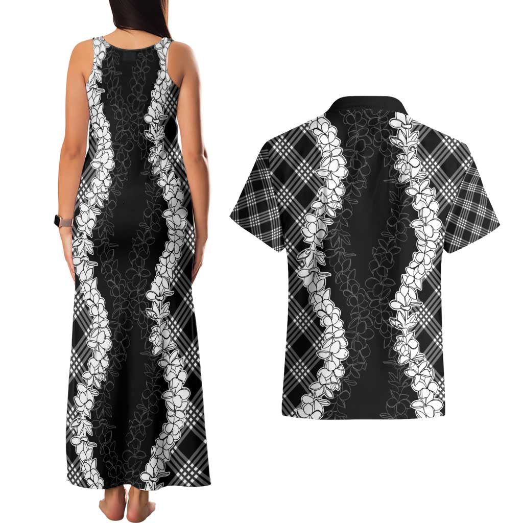 Hawaii Aloha Plumeria Lei Black Palaka Couples Matching Tank Maxi Dress and Hawaiian Shirt LT7 - Polynesian Pride