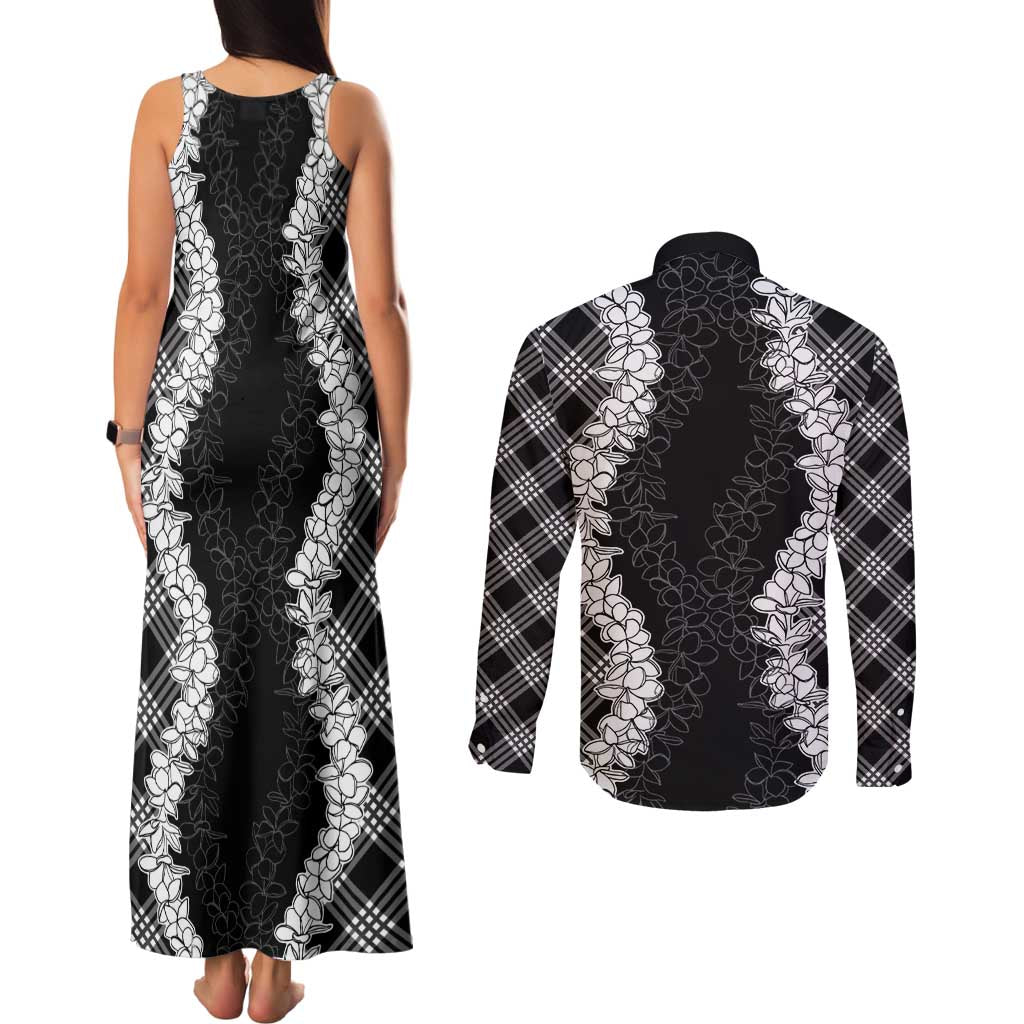 Hawaii Aloha Plumeria Lei Black Palaka Couples Matching Tank Maxi Dress and Long Sleeve Button Shirt LT7 - Polynesian Pride
