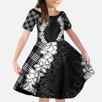 Hawaii Aloha Plumeria Lei Black Palaka Family Matching Off The Shoulder Long Sleeve Dress and Hawaiian Shirt LT7 Daughter's Dress Black - Polynesian Pride