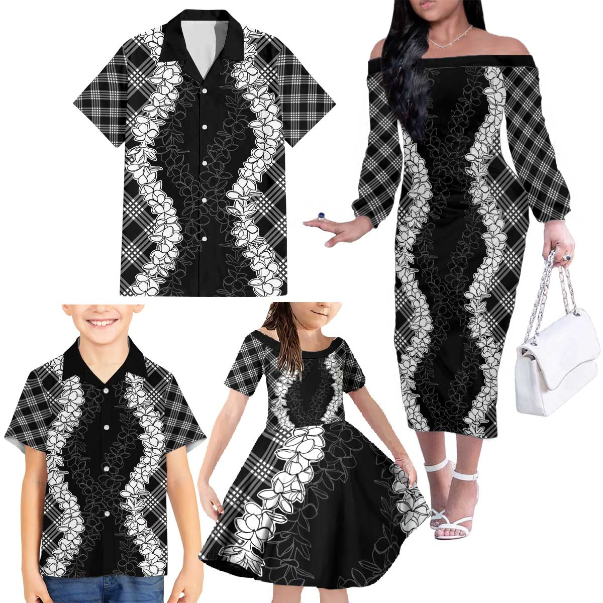 Hawaii Aloha Plumeria Lei Black Palaka Family Matching Off The Shoulder Long Sleeve Dress and Hawaiian Shirt LT7 - Polynesian Pride