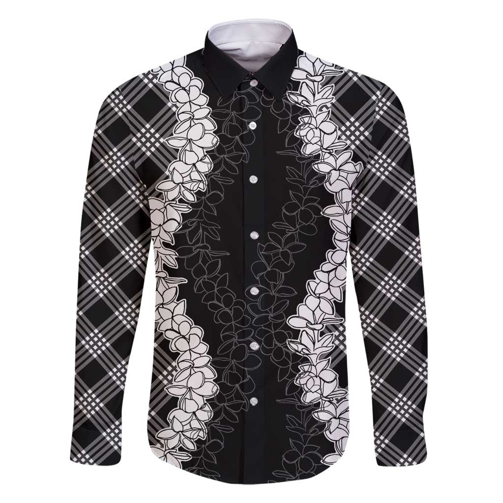 Hawaii Aloha Plumeria Lei Black Palaka Family Matching Off Shoulder Short Dress and Hawaiian Shirt LT7 Dad's Shirt - Long Sleeve Black - Polynesian Pride