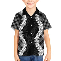 Hawaii Aloha Plumeria Lei Black Palaka Family Matching Off Shoulder Short Dress and Hawaiian Shirt LT7 Son's Shirt Black - Polynesian Pride