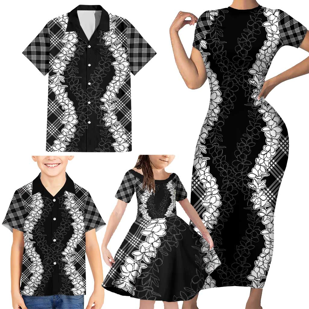 Hawaii Aloha Plumeria Lei Black Palaka Family Matching Short Sleeve Bodycon Dress and Hawaiian Shirt LT7 - Polynesian Pride