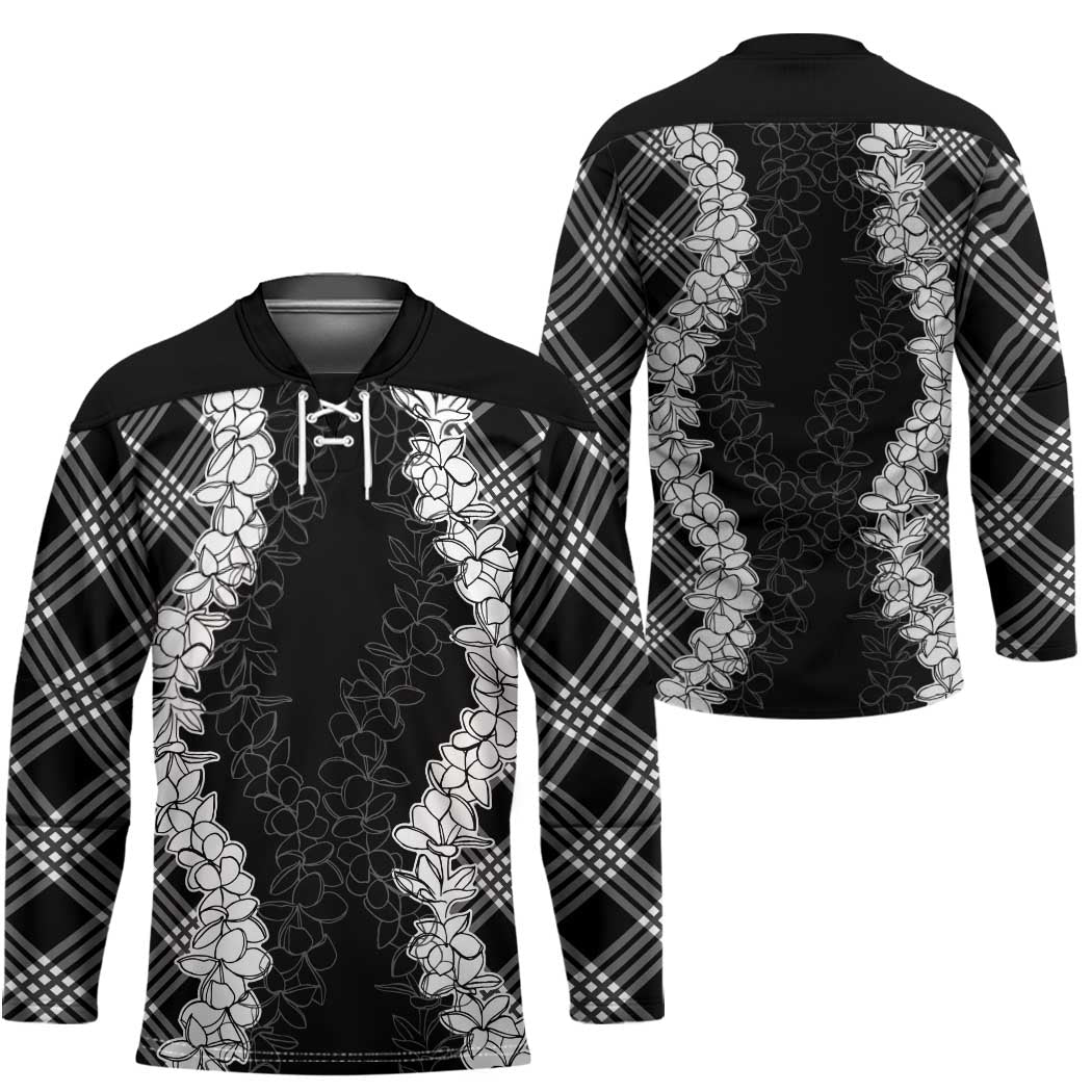 Hawaii Aloha Plumeria Lei Black Palaka Hockey Jersey - Polynesian Pride