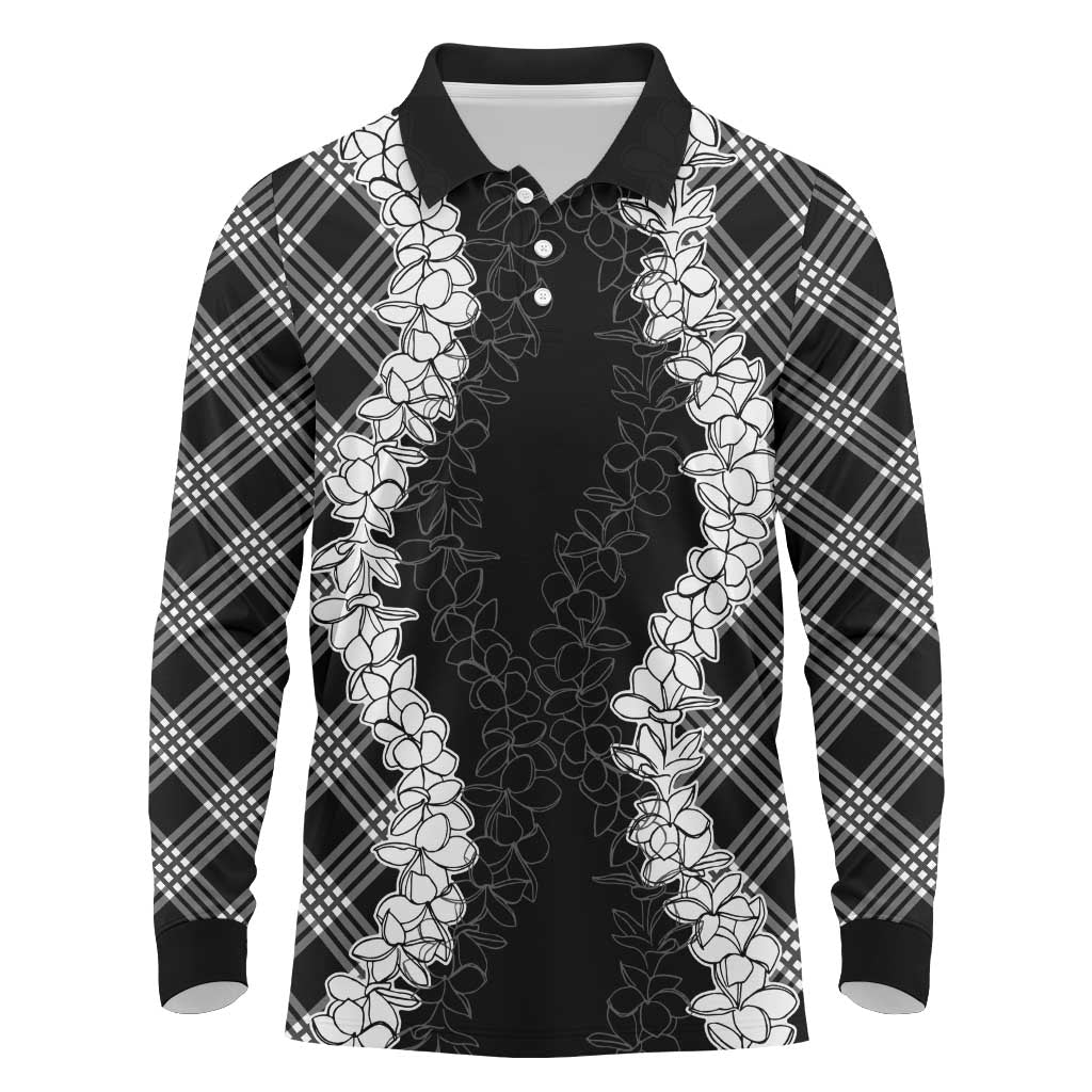 Hawaii Aloha Plumeria Lei Black Palaka Long Sleeve Polo Shirt - Polynesian Pride